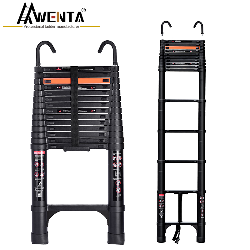 Aluminum Telescopic straight ladder Regular black straight ladder with bottom triangle support + hook